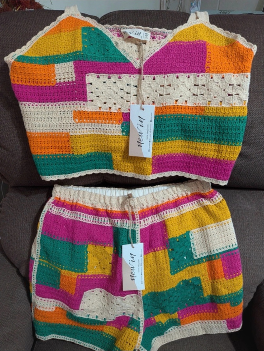 NWT New In Crochet Colorblock Cream, Pink & Teal Women’s Matching Set